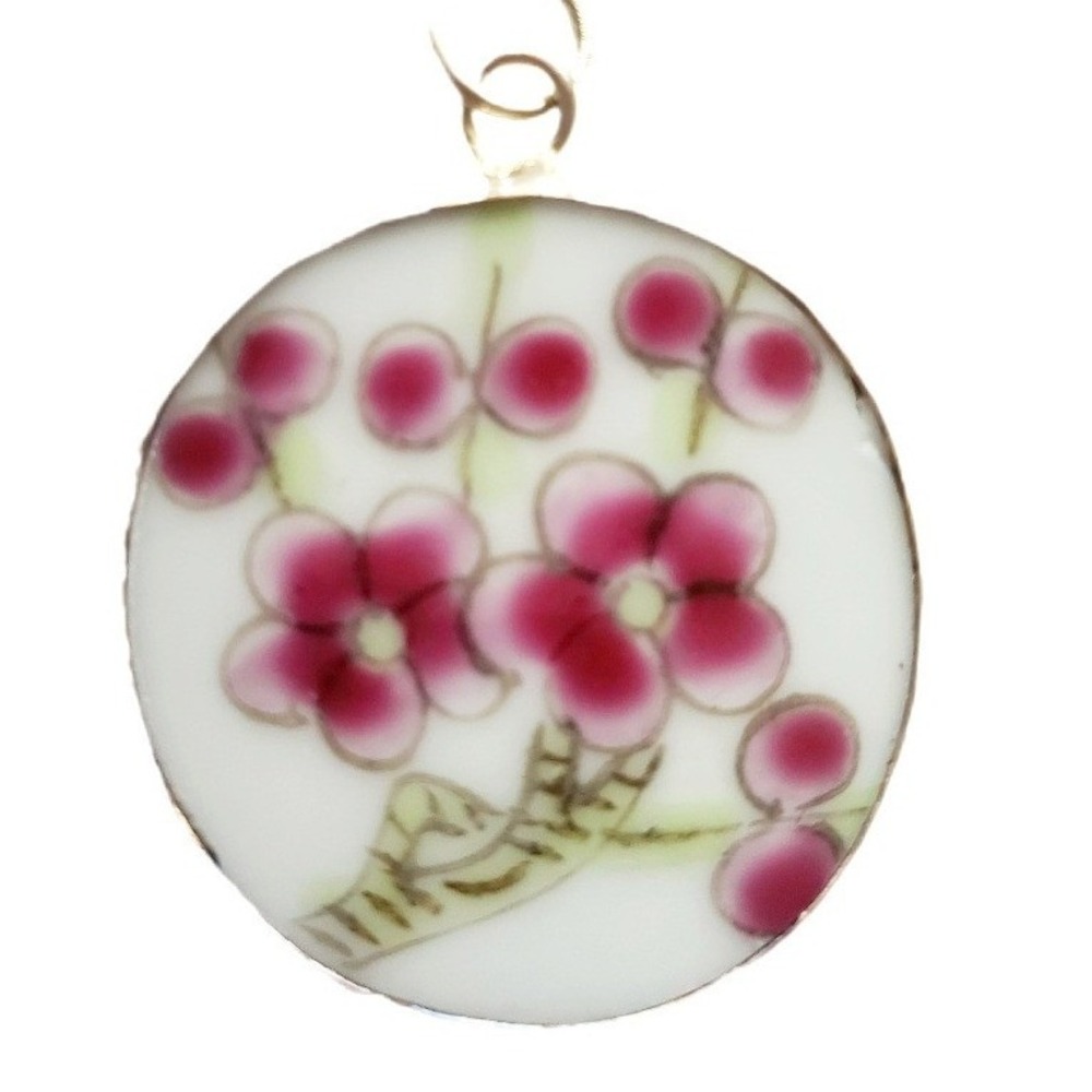 Plum Blossom Pottery Shard Pendant Vintage China Floral Porcelain Jewelry Focal